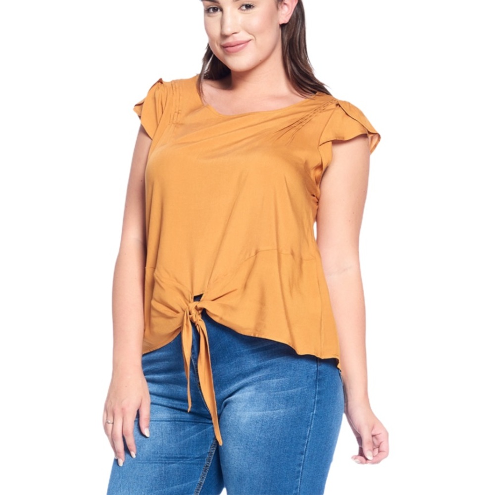Plus Sz Tie Front Flutter Sleeve Top
